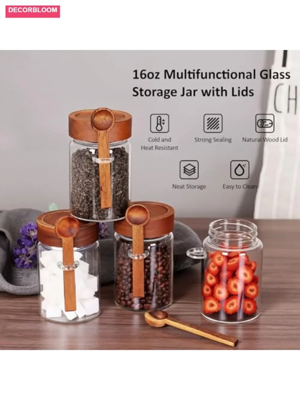 Glass Storage Canisters with Airtight Wooden Lid - 4 Pack